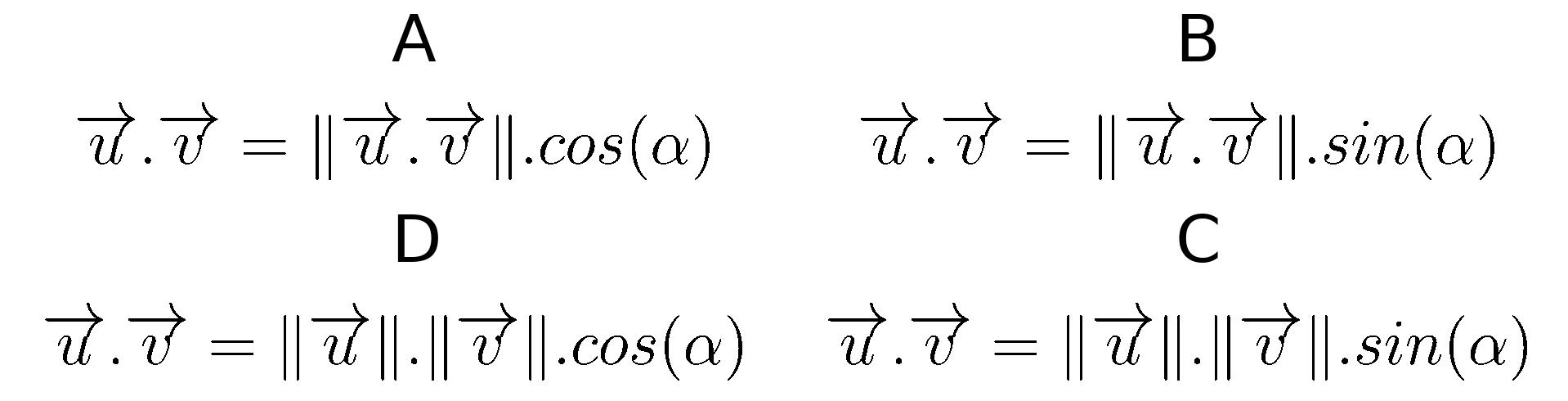 Donner parmis les proposition la formule qui permet de calculer le produit scalaire des vecteurs \(\vec{u}\) et \(\vec{v}\).