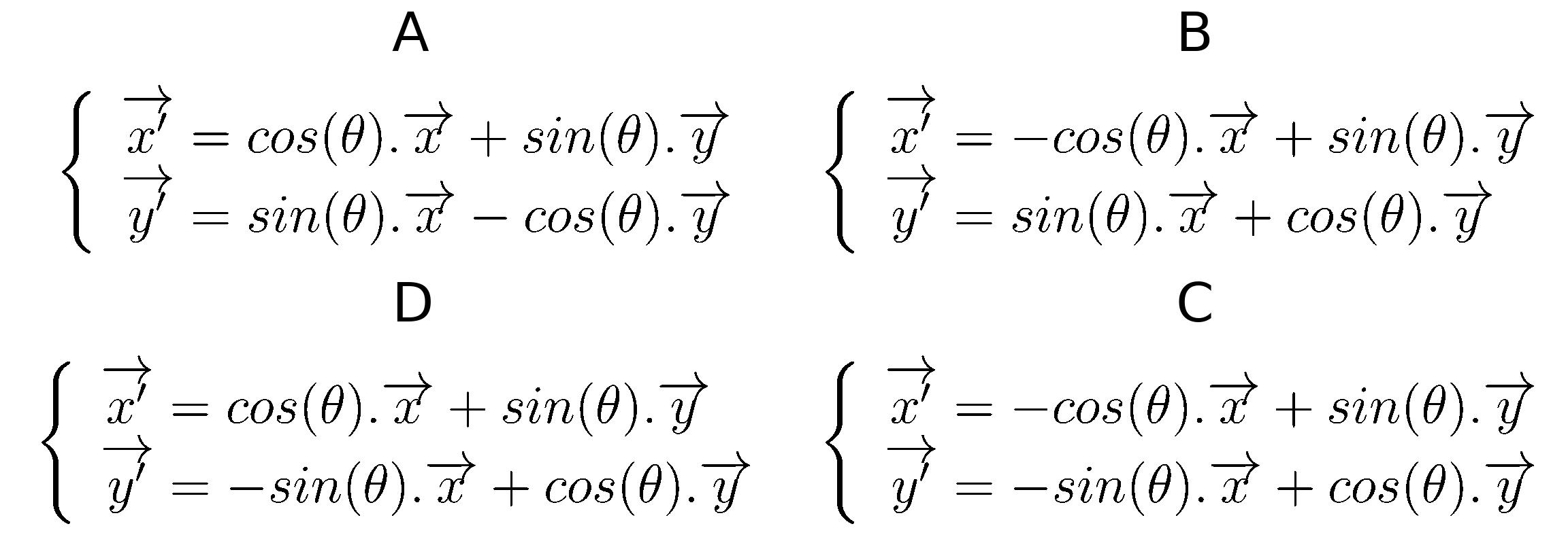 Quel système d'équations suivant permet de passer du repère R au repère R' en utilisant l'angle \(\theta=(\vec{x},\vec{x'})\) ?